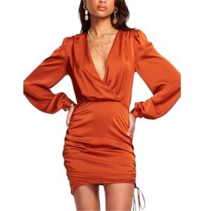 Ramy Brook Foxy Side Ruched Long Sleeve Satin Dress in Cinnamon size 2